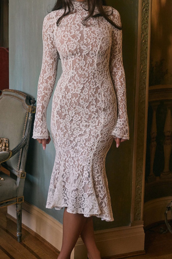 casual slight stretch stitching lace crew neck midi dress
