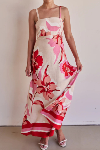 casual non-stretch patchwork batch printing suspender maxi floral dress
