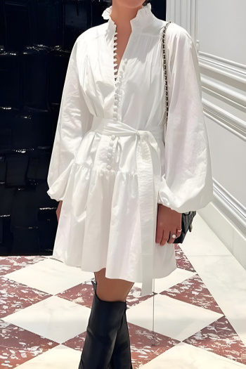 new non-stretch white cotton with belt long sleeve mini dress