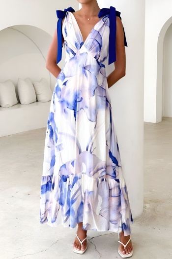 new non-stretch patchwork contrast color lace-up maxi floral dress