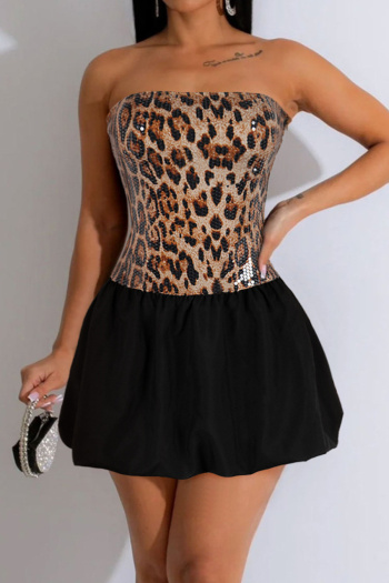 sexy plus size non-stretch tube design leopard printing sequin decor mini dress
