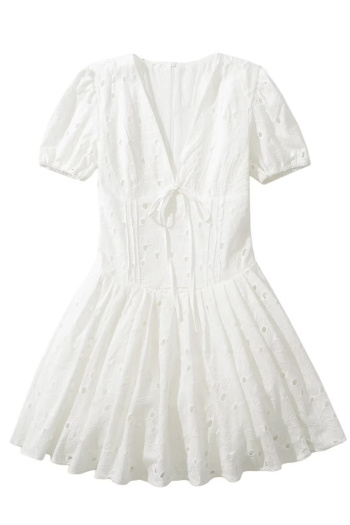 casual non-stretch solid color v-neck embroidery cutout mini dress