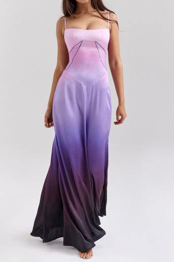 casual slight stretch gradient sling satin back lace-up maxi dress
