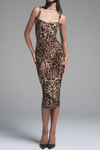casual slight stretch sling slim fit leopard print midi dress