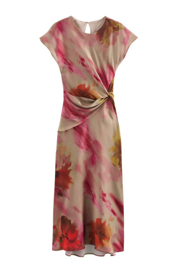 casual non-stretch crew neck tie-dye printing kink maxi dress(size run small)