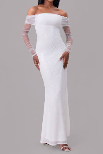 elegant non-stretch one-shoulder mesh sequins stitching slim maxi dress