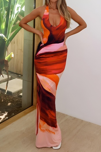 stylish slight stretch graphic print halter-neck lace-up maxi dress