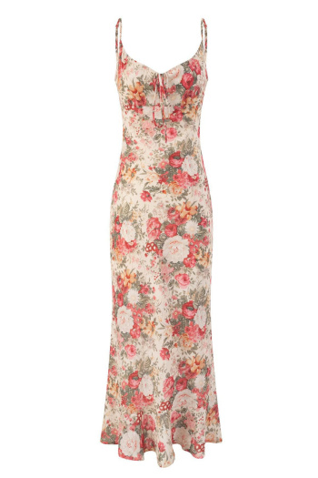 casual non-stretch flower batch printing sling zip-up midi dress(size run small)