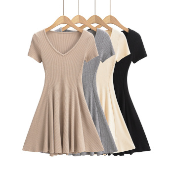 casual slight stretch 4 colors v-neck solid color mini dress