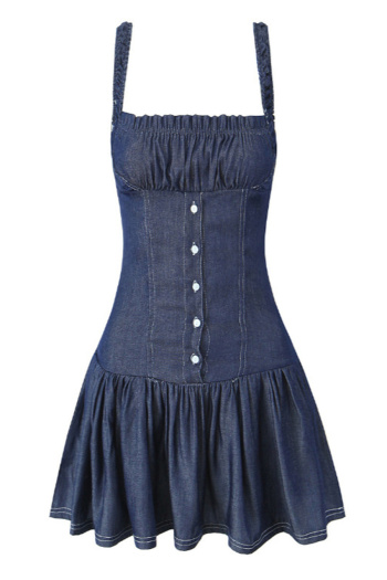 casual slight stretch denim square neck solid color mini dress(size run small)