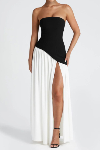 casual slight stretch tube top contrast color high slit pleated maxi dress