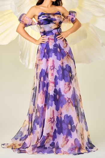 elegant slight stretch floral printing padded off shoulder with belt maxi dress