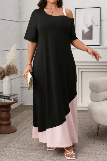 casual plus size slight stretch patchwork contrast color loose maxi dress