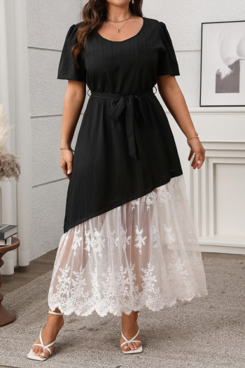 casual plus size slight stretch see-through lace stitching maxi dress with belt