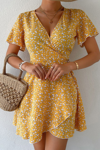 casual slight stretch v-neck floral batch printing mini dress