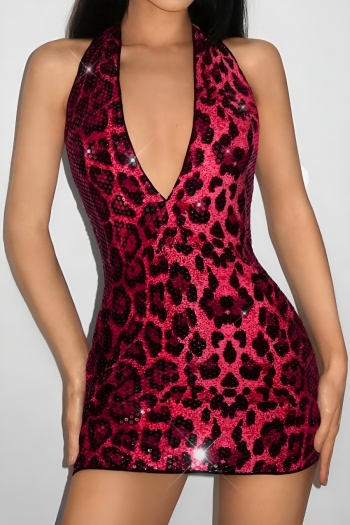 sexy slight stretch leopard sequin decor deep v halter-neck bodycon mini dress