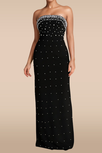 sexy plus size slight stretch tube top velvet pearl decor slit maxi dress