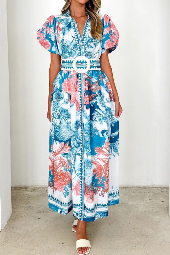 stylish non-stretch botanical printing with belt short sleeves maxi dress