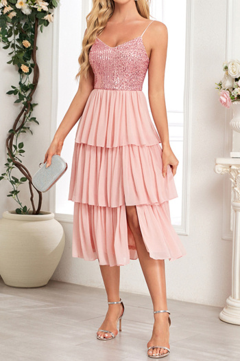 elegant non-stretch sling chiffon sequins patchwork slit midi dress