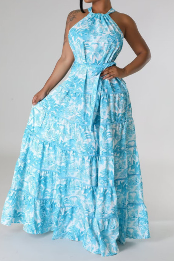 casual plus size non-stretch batch printed sleeveless maxi dress with belt