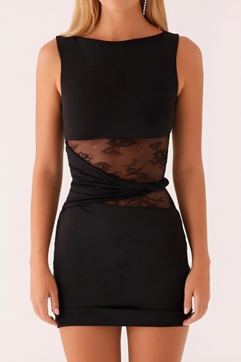 stylish slight stretch see through lace stitching sleeveless bodycon mini dress