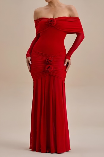 sexy slight stretch flower decor off shoulder stitching mesh maxi dress