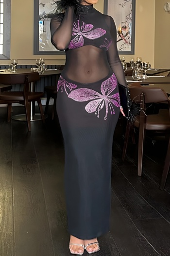 stylish slight stretch solid patchwork mesh see-through maxi sparkling dress