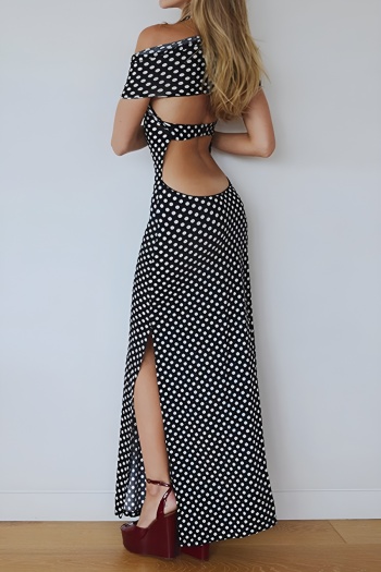sexy slight stretch halter-neck dot batch printing slit maxi dress
