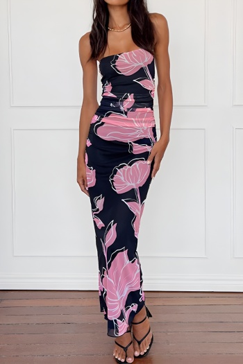 stylish slight stretch contrast patchwork mesh pleated bandeau maxi floral dress