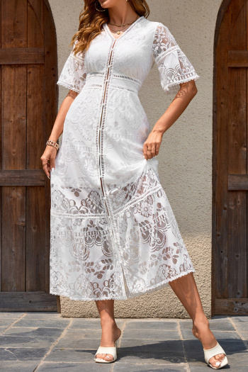 casual plus size non-stretch see-through lace single-breasted midi dress