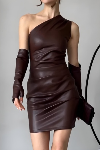 stylish slight stretch pu leather one shoulder bodycon mini dress with sleeves