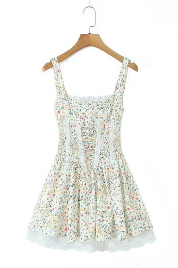 casual non-stretch floral batch printing lace trim mini dress