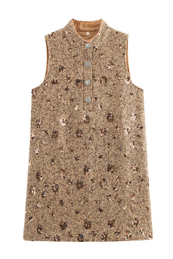 casual non-stretch crew neck sequin decor button mini dress