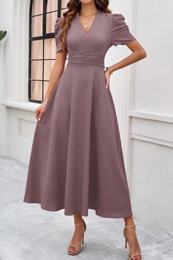 casual slight stretch pure color v-neck short sleeve midi dress