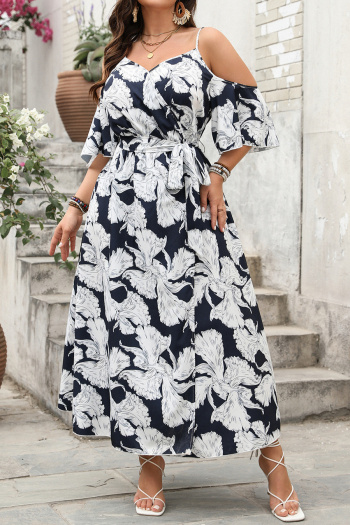 casual plus size non-stretch sling printed slit maxi dress with belt