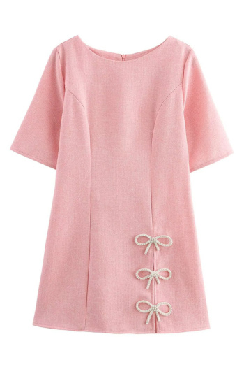 casual non-stretch crew neck solid color pearl bow decor mini dress
