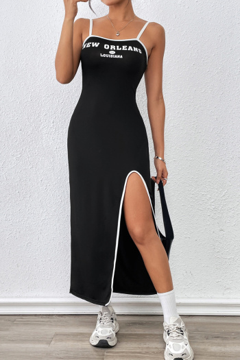 casual slight stretch sling letter print slit maxi dress
