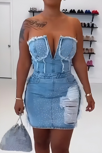 sexy plus size stretch denim rhinestone mini dress with transparent straps