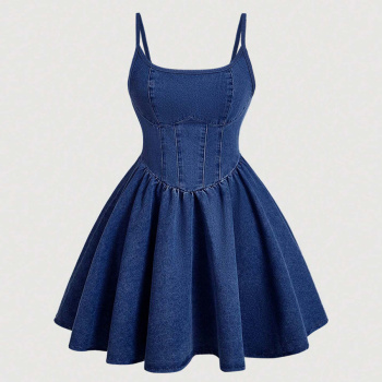 casual plus size non-stretch solid color sling pleated denim mini dress