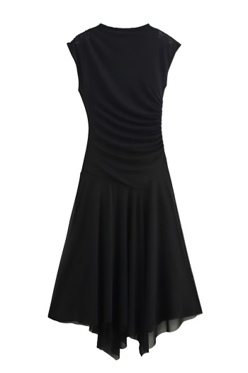 casual slight stretch double-layer mesh pure color sleeveless midi dress