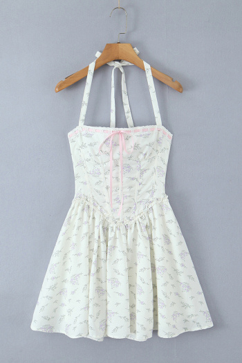 casual non-stretch floral print halter neck backless mini dress