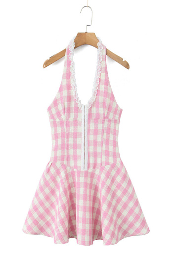 casual non-stretch plaid print halter neck backless mini dress