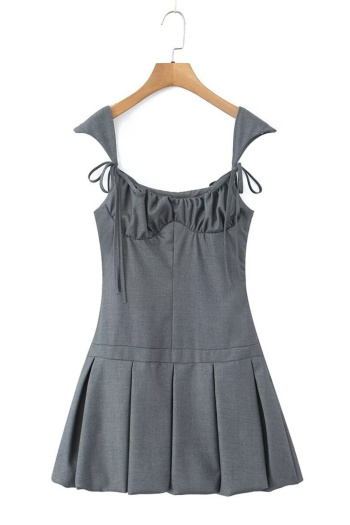 casual new non-stretch solid color pleated with zip-up mini dress