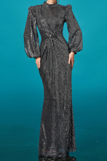 elegant plus size new non-stretch long sleeve mermaid maxi dress with padded