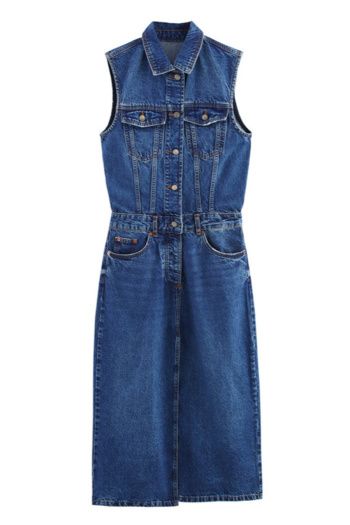 casual non-stretch denim lapel sleeveless midi dress