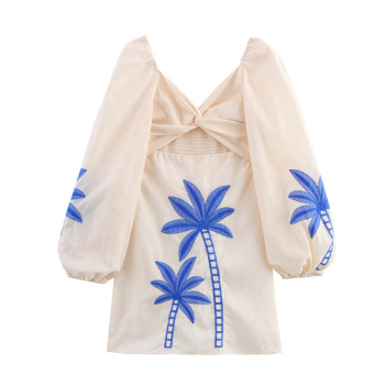 casual non-stretch v-neck palm trees printing mini dress