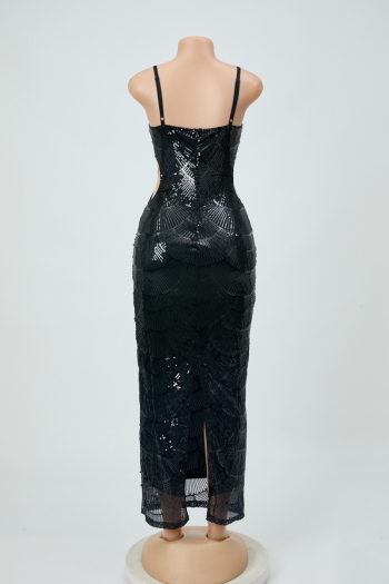 Sexy plus size slight stretch sling sequins pearl decor hollow slit maxi dress