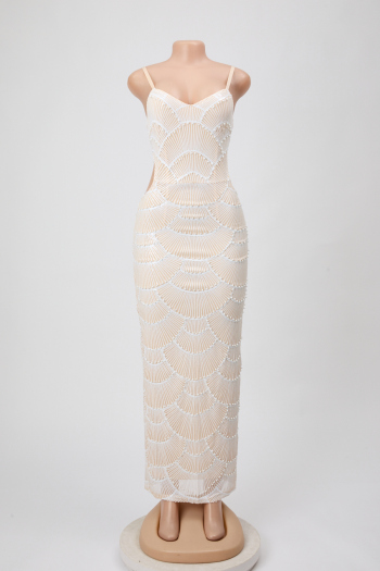 Sexy plus size slight stretch sling sequins pearl decor hollow slit maxi dress