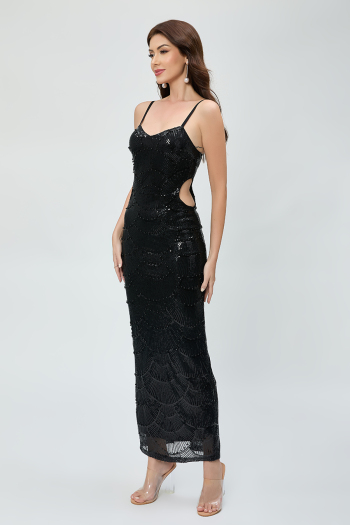 Sexy plus size slight stretch sling sequins pearl decor hollow slit maxi dress