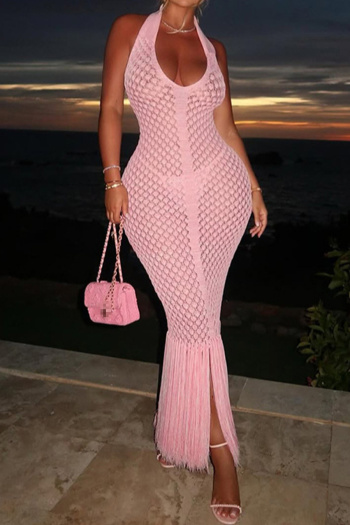 sexy slight stretch halter-neck solid color tassels maxi dress